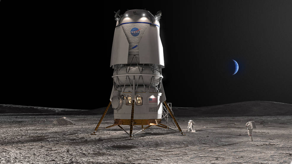 Blue Origin's Blue Moon lander was selected by NASA for the Artemis V mission to take astronauts to the lunar south pole in 2029. The deal was worth $3.4 billion. Credit: NASA